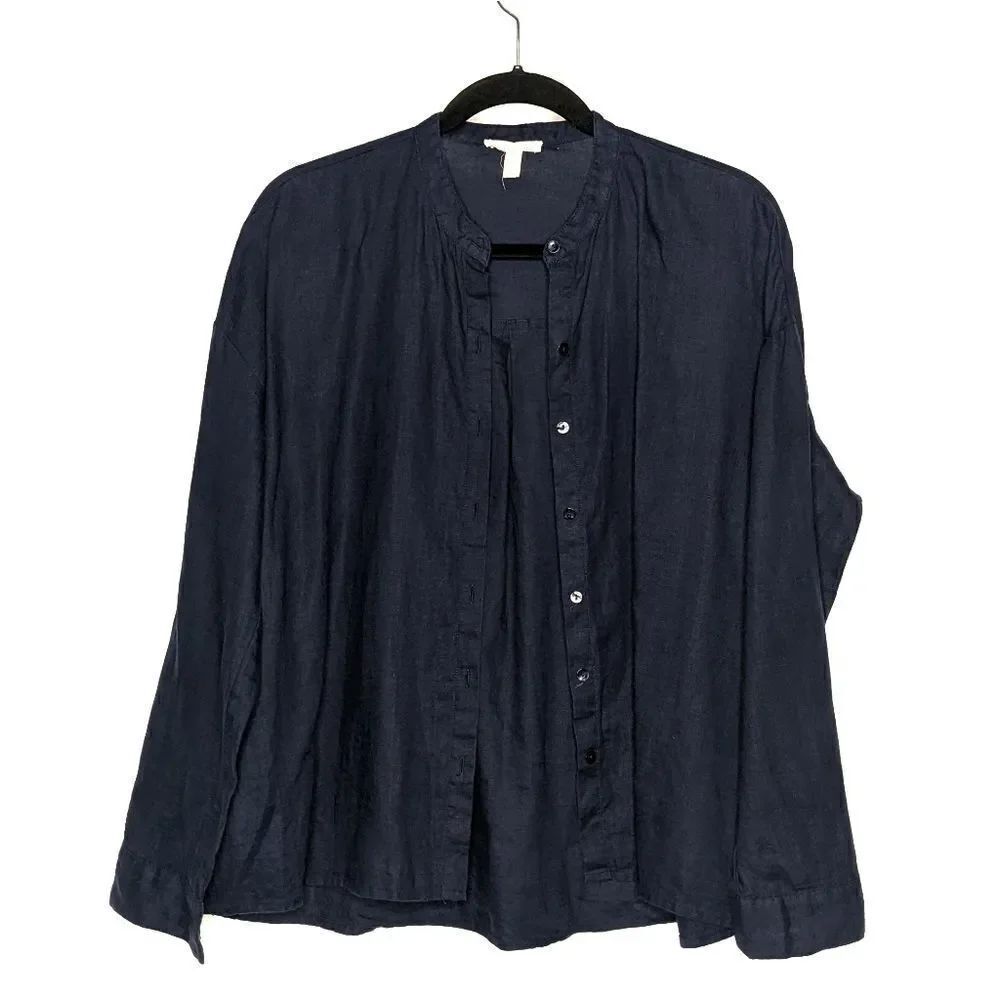 Eileen Fisher Navy Organic Cotton Button Down Shirt Loose Fit
